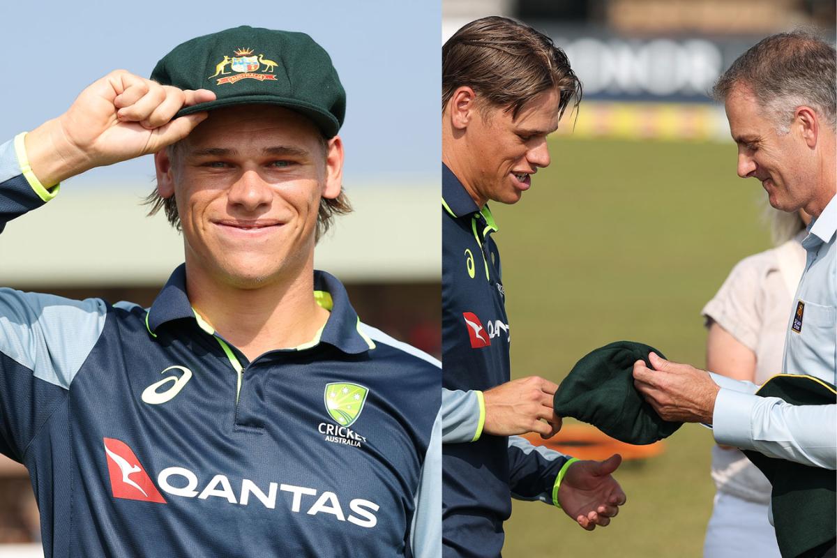 Cooper Connolly gets his Baggy Green from former Australian batter Simon Katich