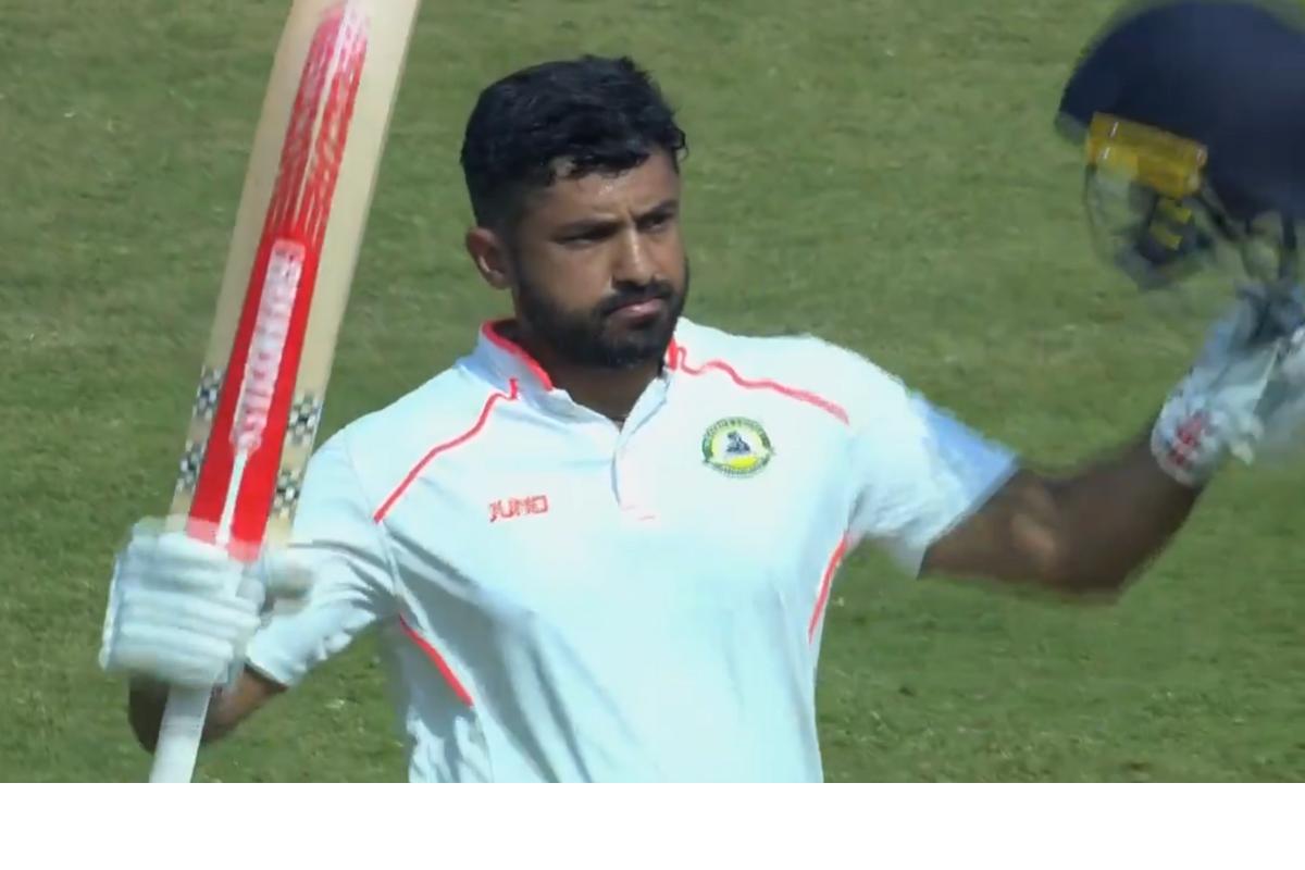 Vidarbha's Karun Nair celebrates his ton against Tamil Nadu on Day 1 of the Ranji Trophy quarter-final on Saturday