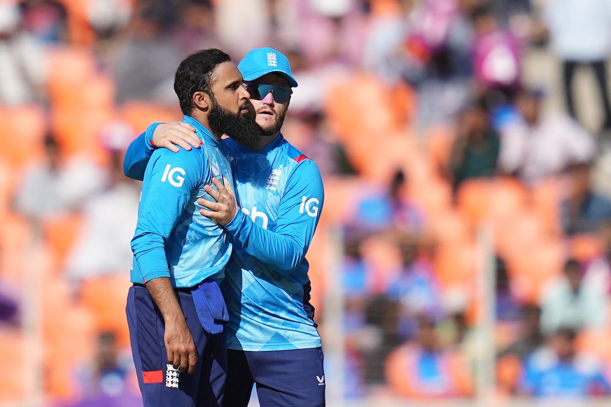 Adil Rashid of England celebrates the wicket of Shubman Gill 