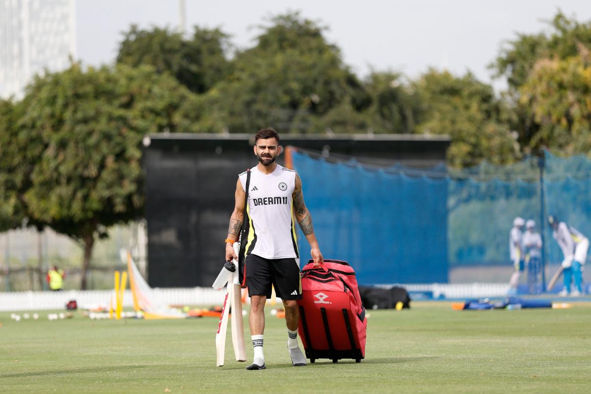 Virat Kohli arrives at a nets session in Dubai on Sunday