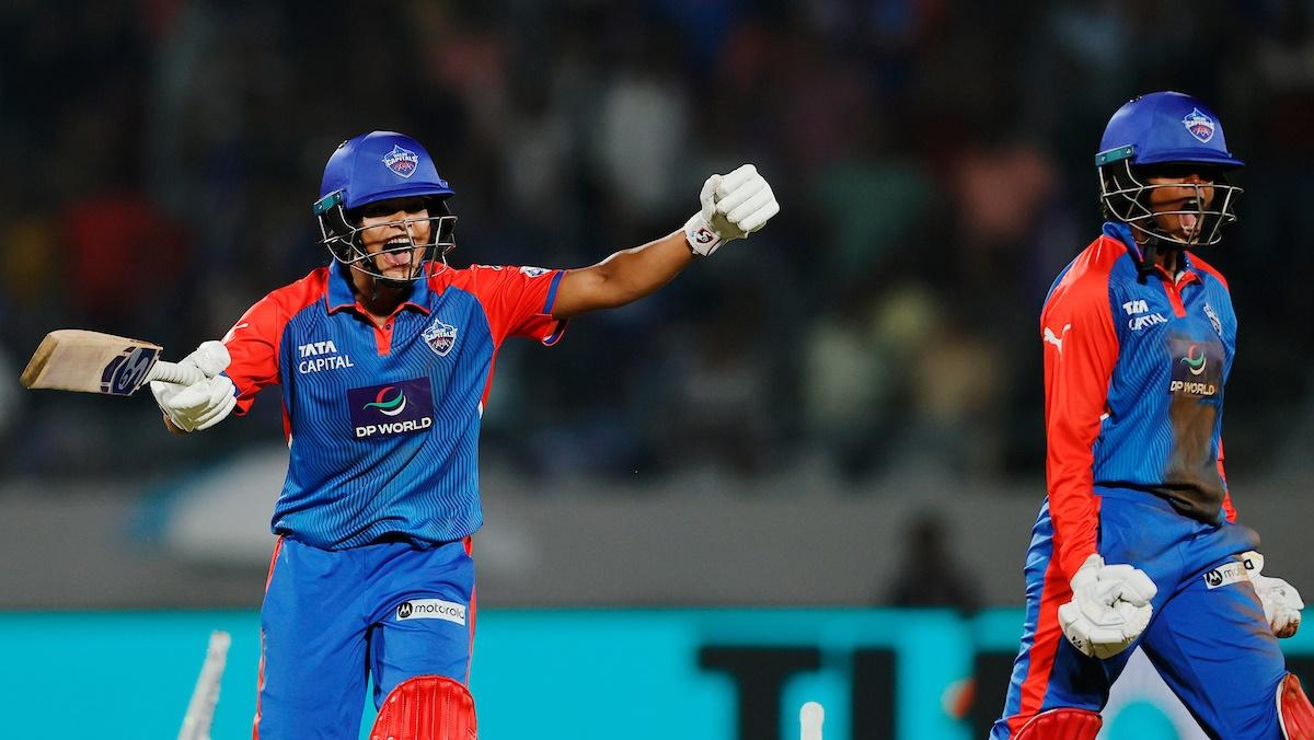 Delhi Capitals batters Radha Yadav and Arundhati Reddy celebrate a tense last-ball victory over Mumbai Indians in the Women's Premier League 2025 match in Vadodara on Saturday.