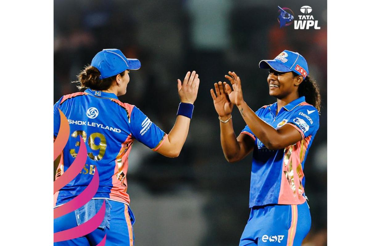 Mumbai Indians' Hayley Mathews celebrates Gujarat Giants wicket