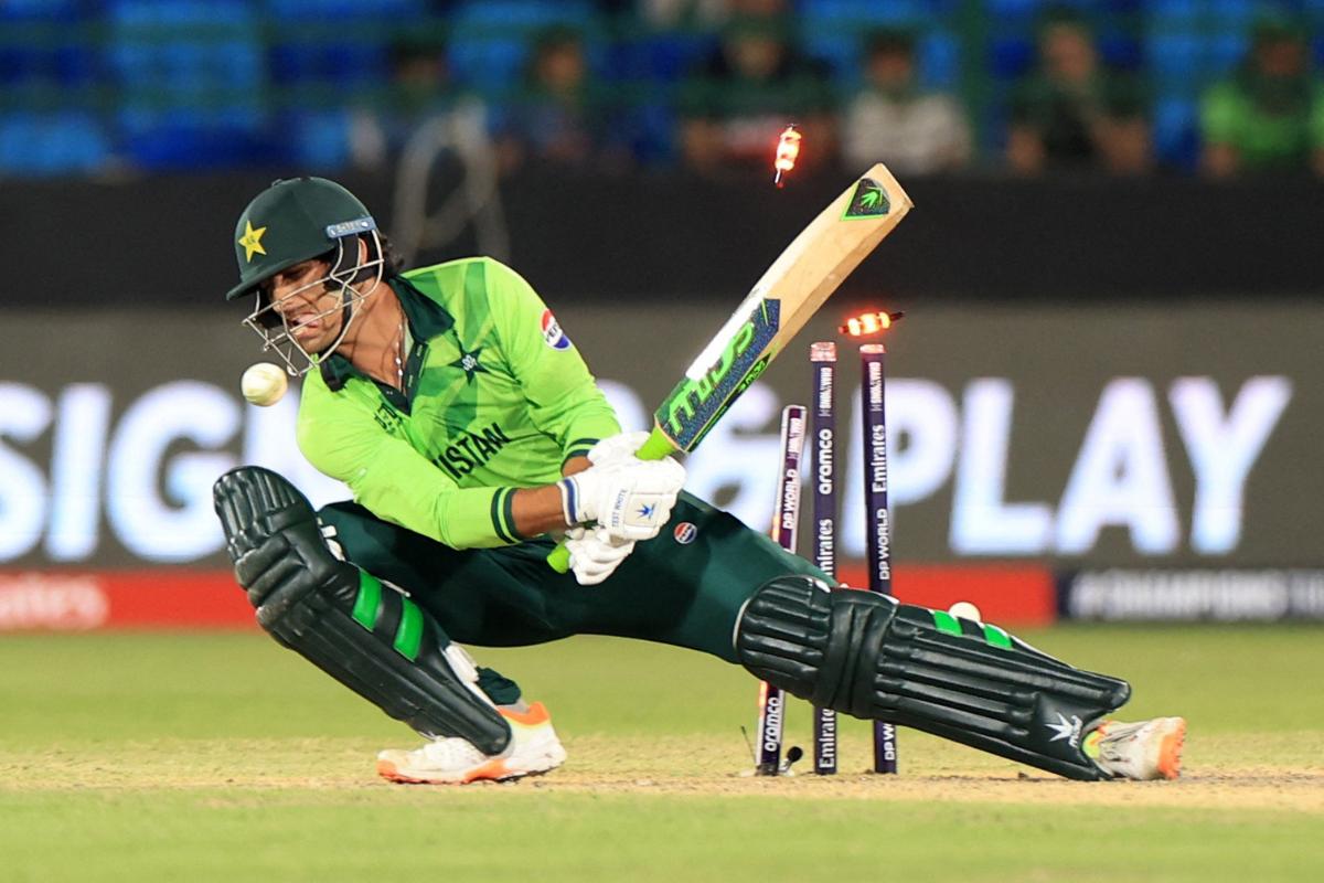 Pakistan's Naseem Shah is bowled out by New Zealand's Matt Henry