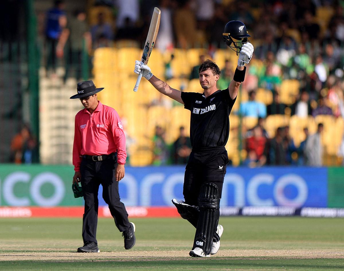 New Zealand's Will Young celebrates his century against Pakistan in thier Champions Trophy Group A match at National Stadium, Karachi, Pakistan, on Wednesday