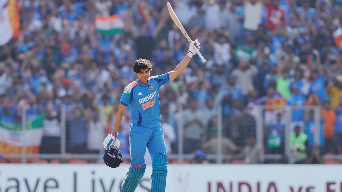 India's Shubman Gill celebrates scoring a hundred during the third ODI against England in Ahmedabad on February 12, 2025.