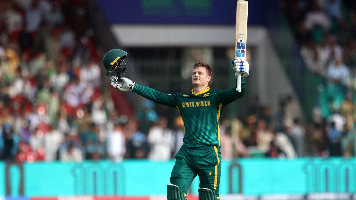 Ryan Rickelton celebrates after reaching his century against Afghanistan