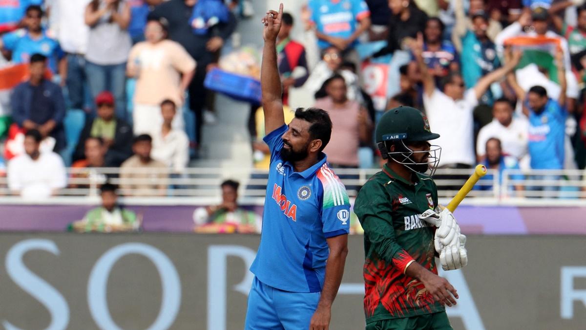 India pacer Mohammed Shami celebrates dismissing Bangladesh's Tanzim Hasan Sakib during the Champions Trophy Group A match at Dubai International Stadium on Thursday.