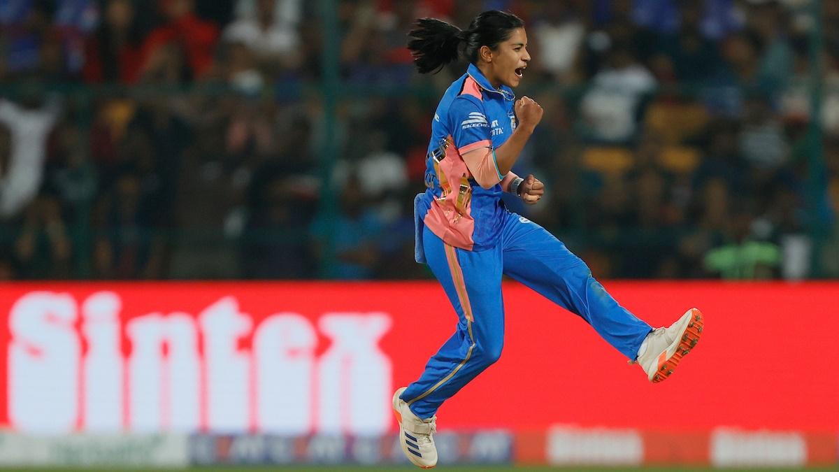 Mumbai Indians' Amanjot Kaur celebrates the wicket of Richa Ghosh of Royal Challengers Bangalore during the Women's Premier League 2025 match at the M.Chinnaswamy Stadium, Bengaluru, on Friday.