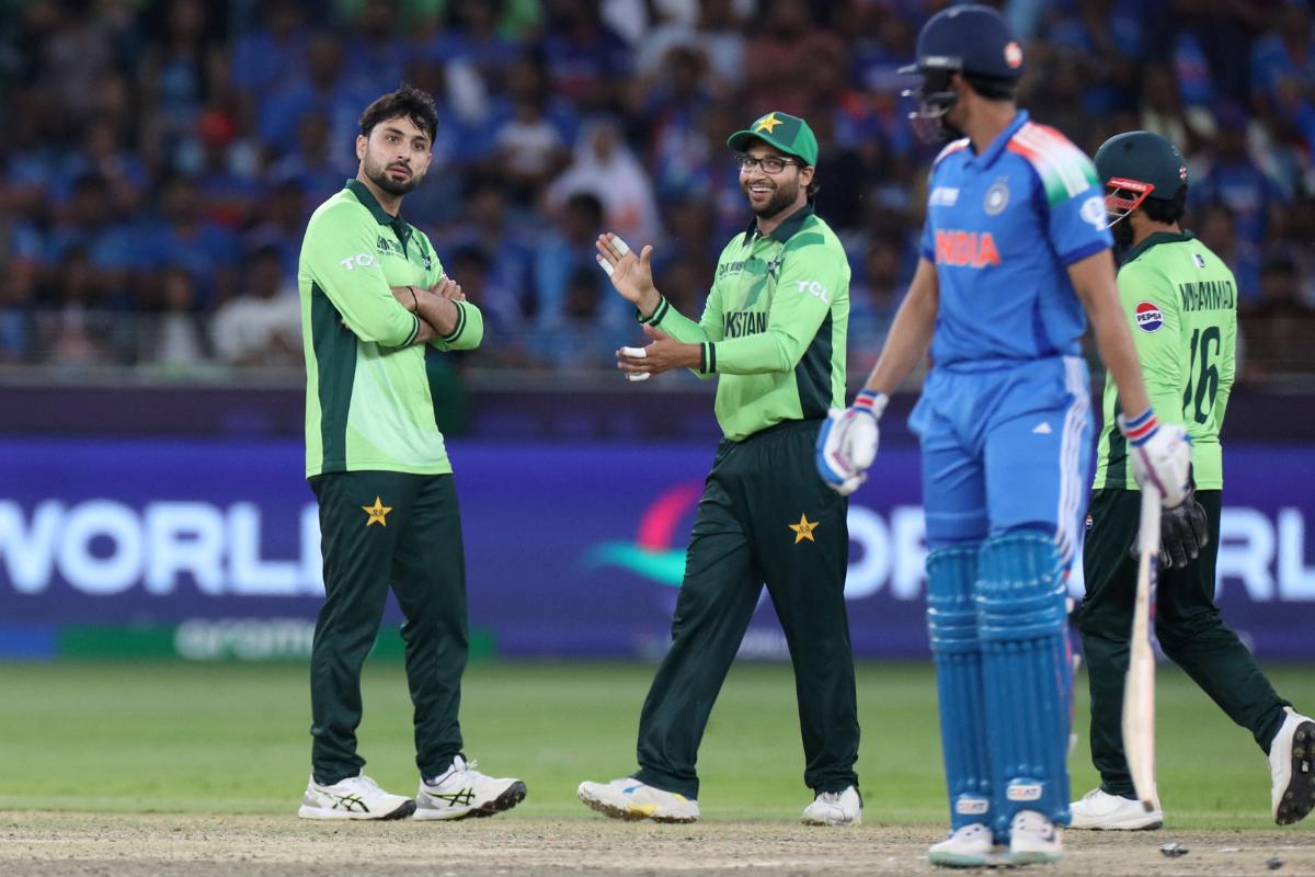 Pakistan's Abrar Ahmed celebrates after taking the wicket of India's Shubman Gill 