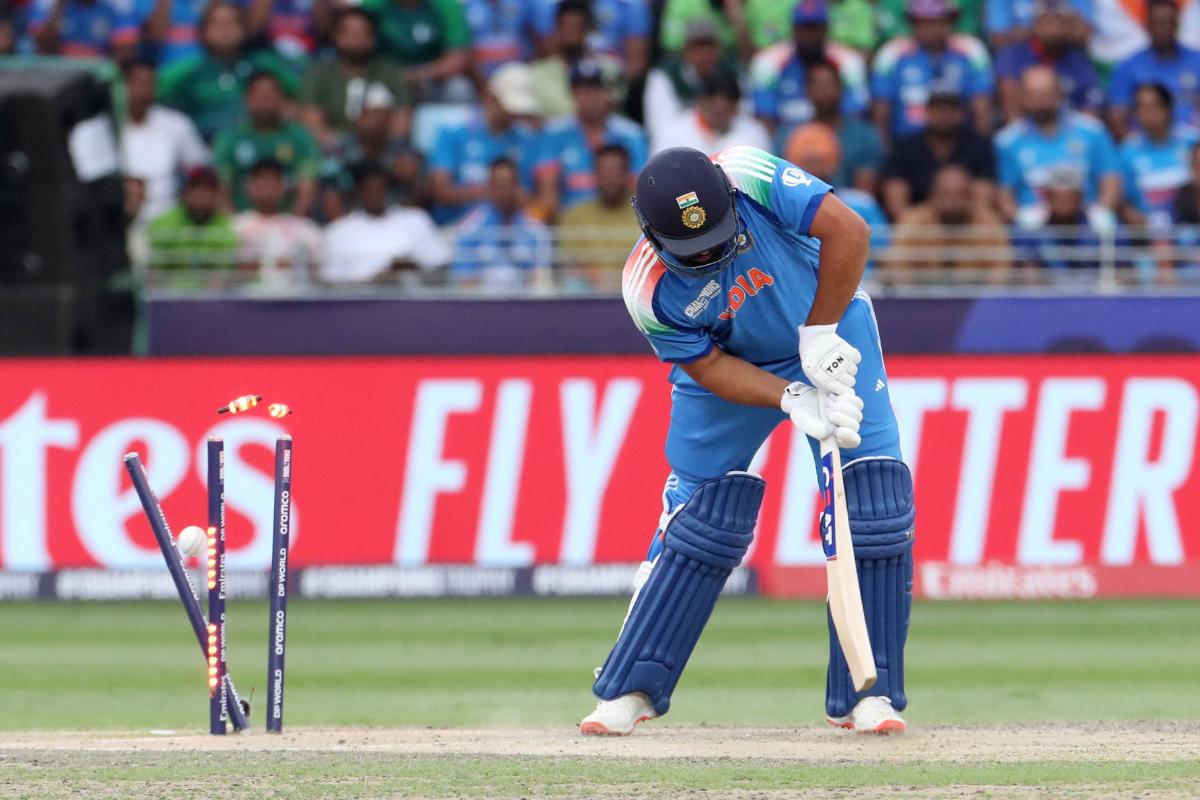 India's Rohit Sharma is bowled out by Pakistan's Shaheen Shah Afridi 