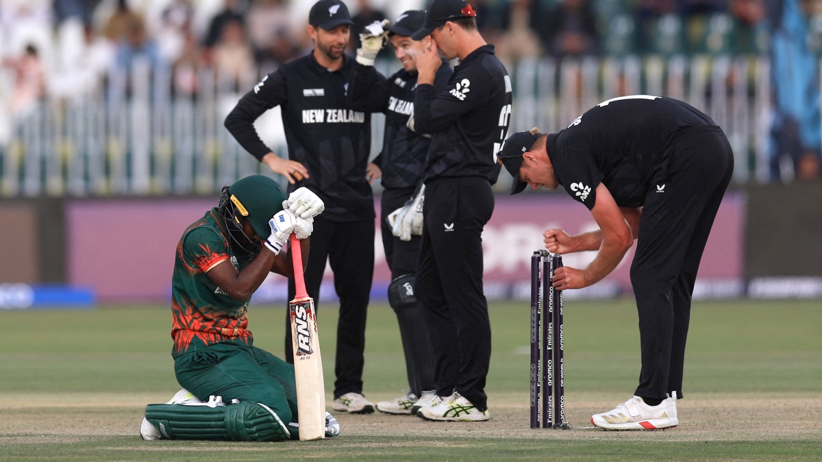 Bangladesh's Jaker Ali looks dejected after losing his wicket, run out by New Zealand's Tom Latham