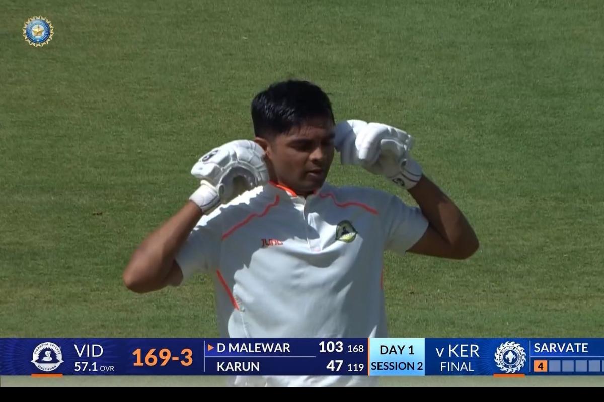 Vidharbha's Danish Malewar celebrates his century against Kerala on Day 1 of the Ranji Trophy final on Wednesday