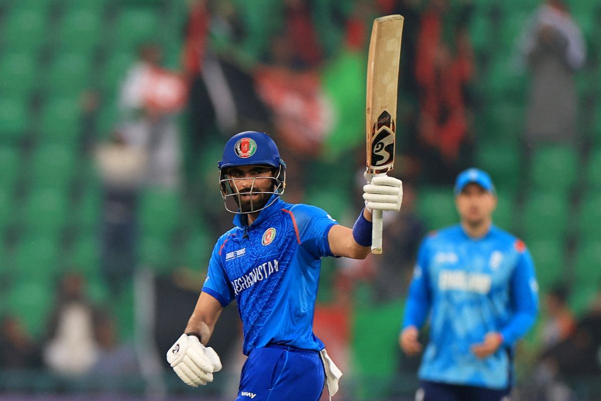 Afghanistan's Ibrahim Zadran celebrates after reaching 150 runs 