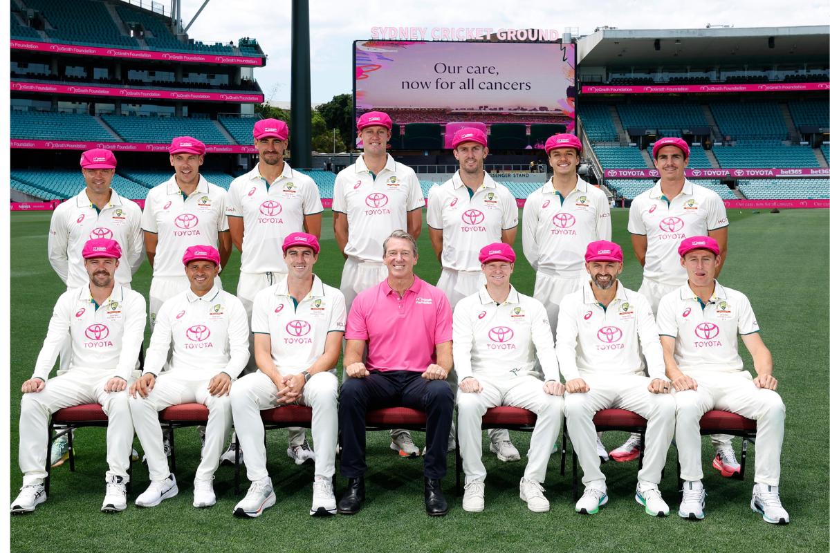 The Australian cricket team with Glen McGrath ahead of the Pink Test at the SCG in Sydney, starting on Friday