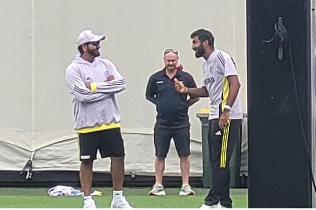 Rohit Sharma and Jasprit Bumrah at the nets at the Sydney Cricket Ground on Thursday