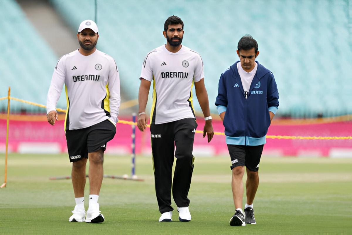 Head Coach Gautam Gambhir (right) with Rohit Sharma and Jasprit Bumrah ahead of the nets session at the Sydney Cricket Ground on Thursday