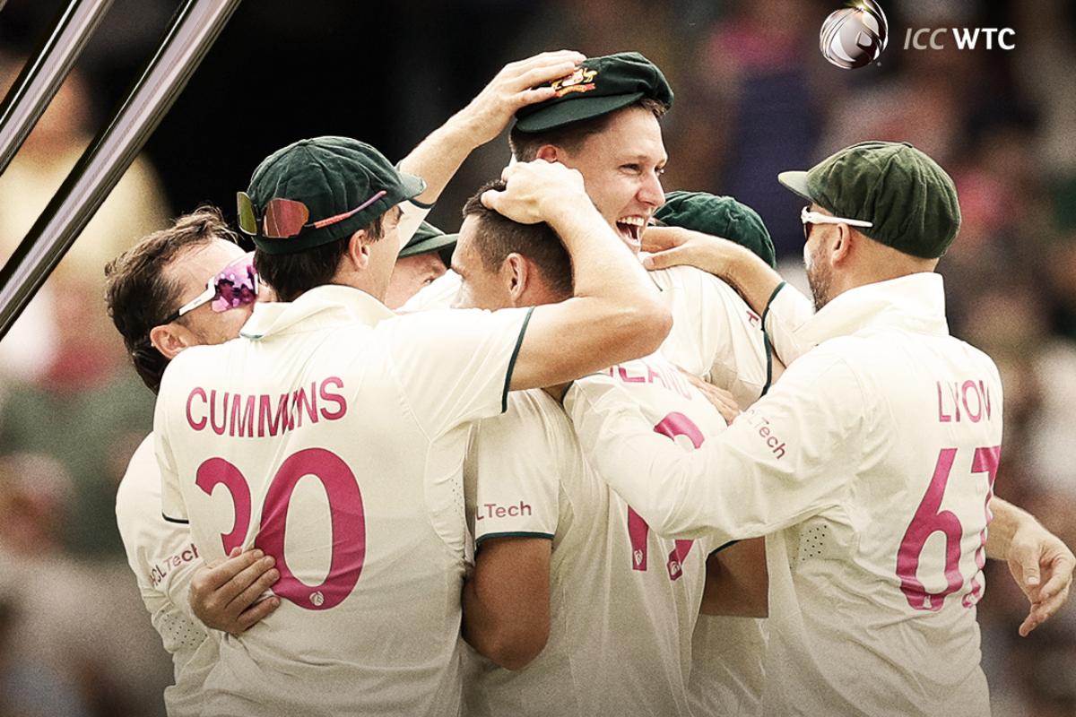 Australia debutant Beau Webster is congratulated by teammates after taking the catch to dismiss Yashasvi Jaiswal.