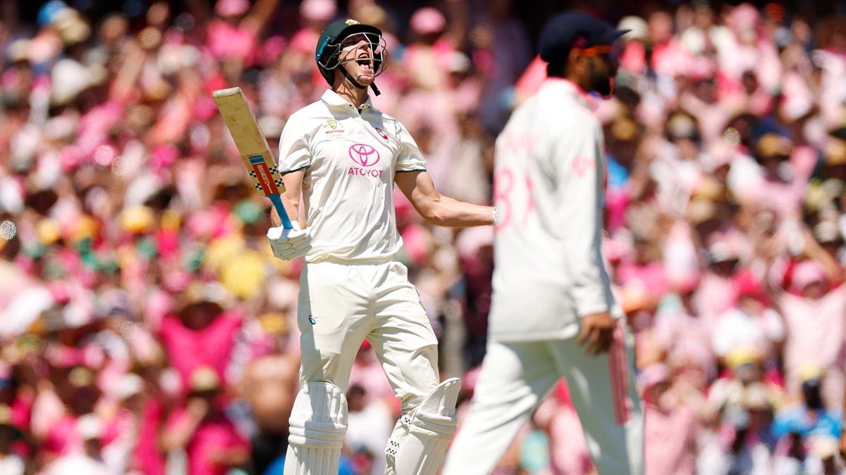 Beau Webster celebrates hitting the winning runs earning Australia a six-wicket victory over India on Day 3 of the fifth Test at the SCG on Sunday. 