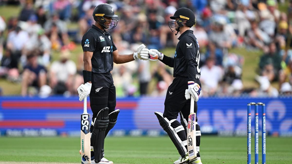 Rachin Ravindra and Mark Chapman celebrate their century stand during the second One-Day International against Sri Lanka at at Seddon Park, Hamilton, on Wednesday.