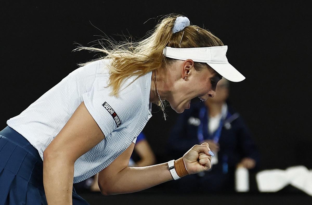 Croatia's Donna Vekic reacts after winning a point during her first round match against France's Diane Parry.