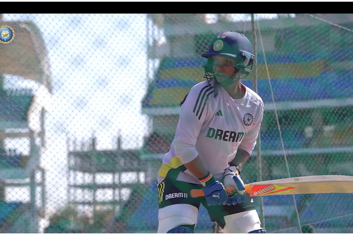 Deepti Sharma bats in the nets during a practice session