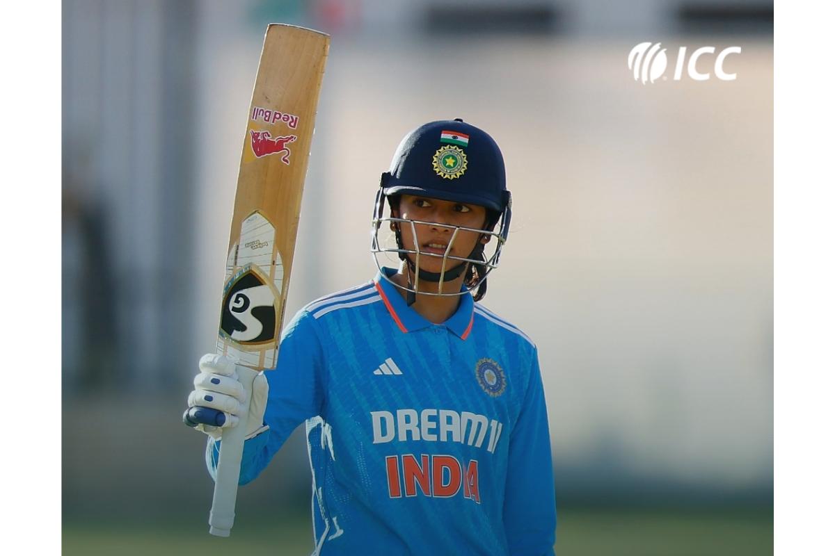 Smriti Mandhana celebrates her century against Ireland in the 3rd ODI in Rajkot on Wednesday