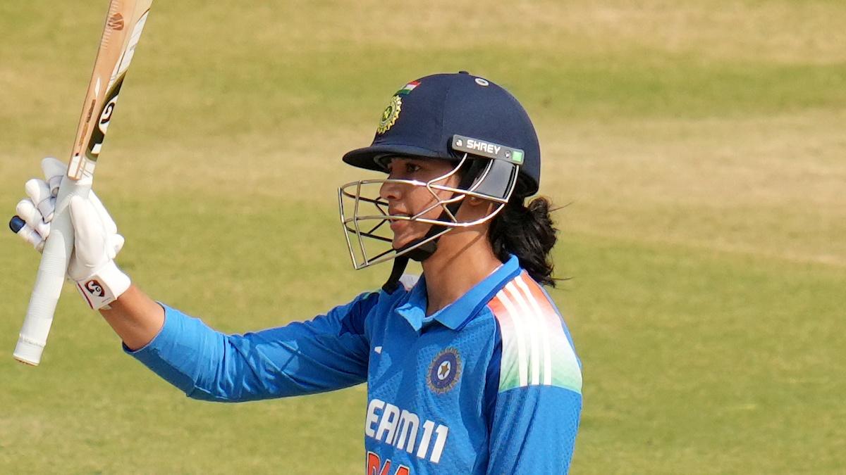 Smriti Mandhana celebrates her century against Ireland in the 3rd ODI in Rajkot on Wednesday