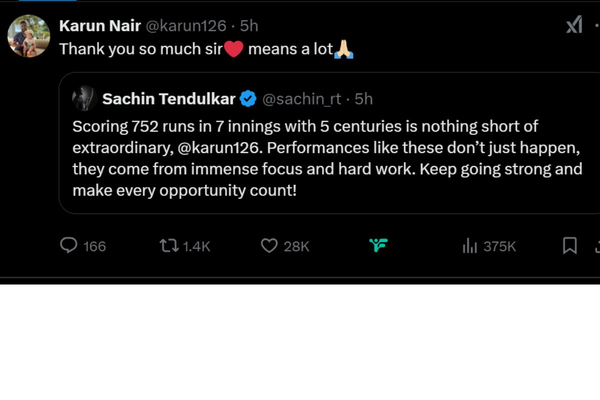 Sachin Tendulkar's tweet in praise of Karun Nair's exploits