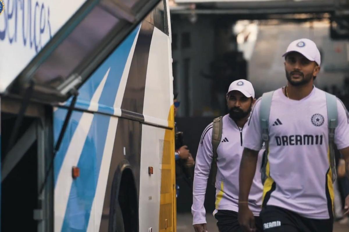 Nitish Kumar Reddy and Mohammed Shami walk towards the team bus ahead of a training session in Kolkata on Sunday