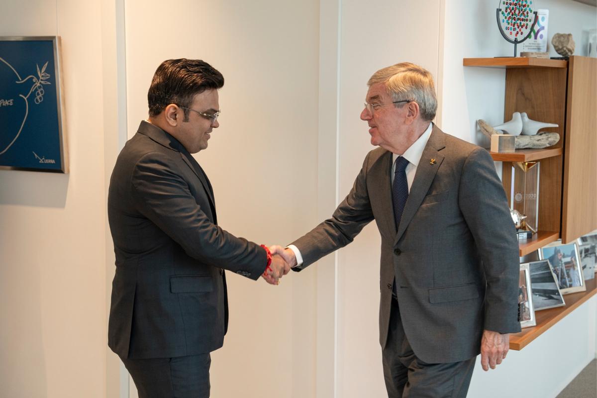 IOC chief Thomas Bach greets ICC Chairman Jay Shah