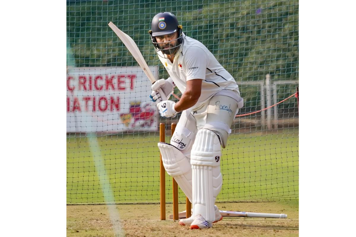 Mumbai's Rohit Sharna bats in the nets during a Ranji Trophy nets session in Mumbai on Tuesday