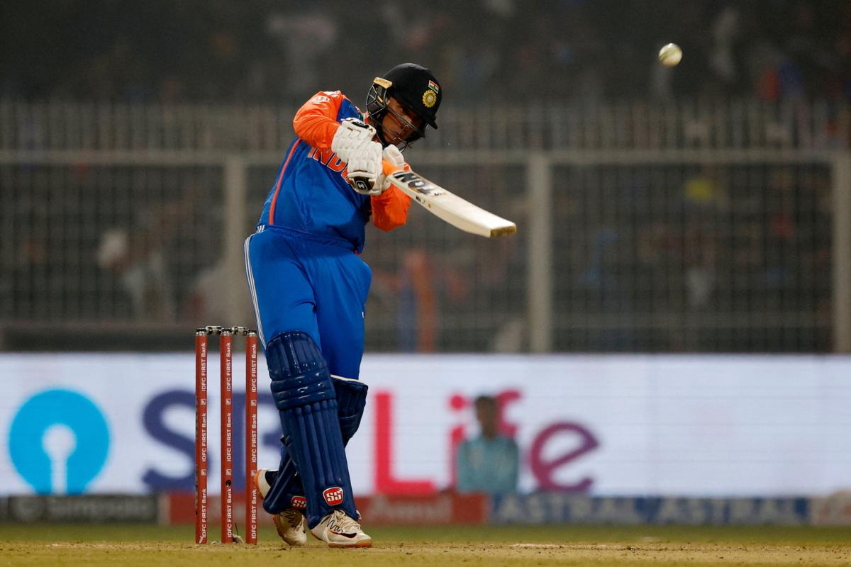 India's Abhishek Sharma clobbers a six in the 1st T20I against England on Wednesday