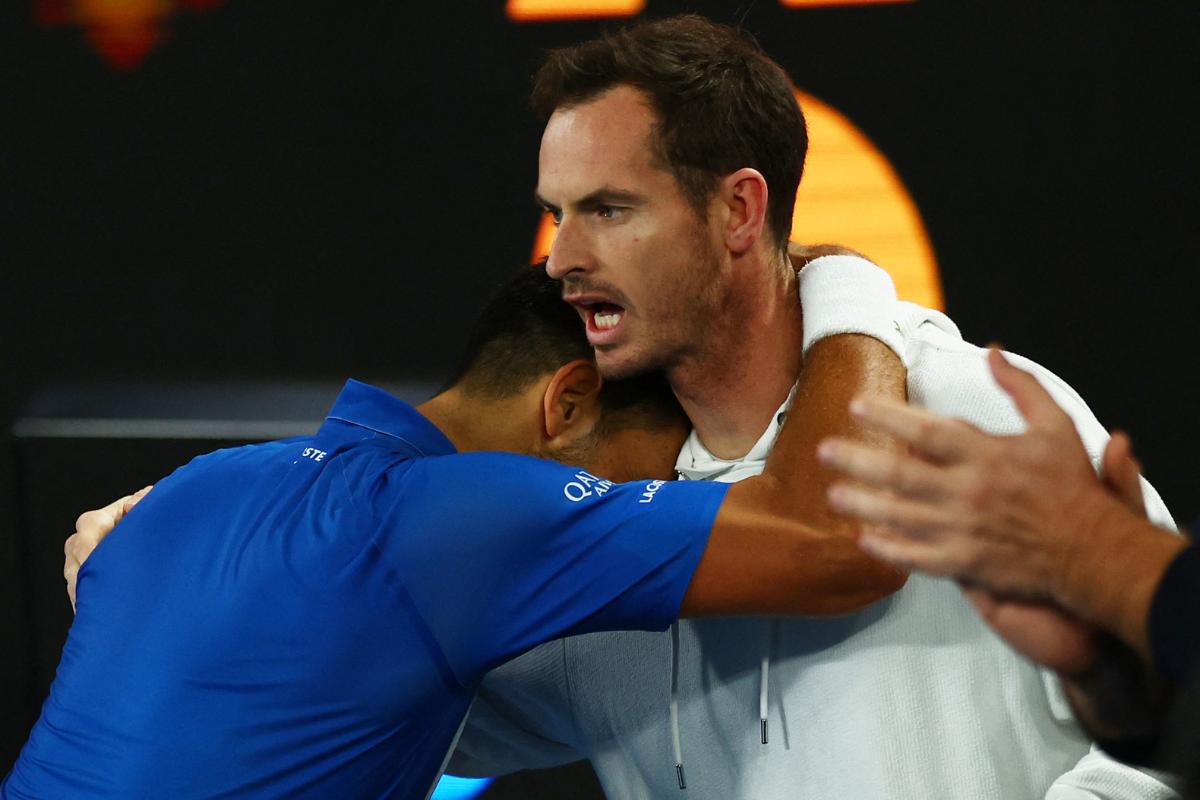 Novak Djokovic celebrates with coach Andy Murray after his epic win over Carlos Alcaraz in the Australian Open quarter-final on Tuesday