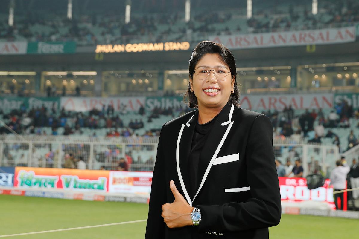 Former India bowler Jhulan Goswami during the inauguration of a stand named after her at the Eden Gardens, ahead of the 1st T20I between India and England on Wednesday