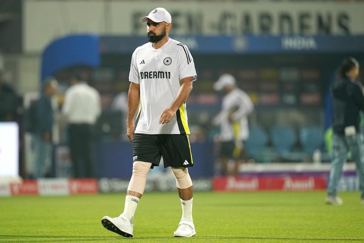 A heavily strapped Mohammed Shami before the match 