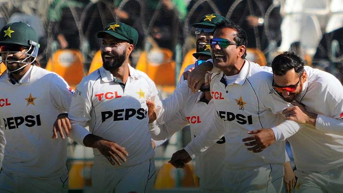 Pakistan's Noman Ali celebrates with teammates