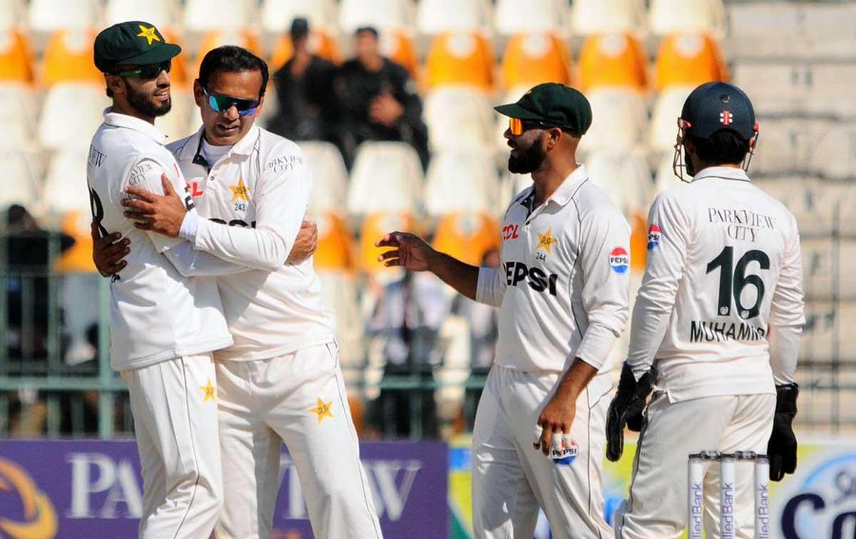 Pakistan's Noman Ali celebrates with teammates