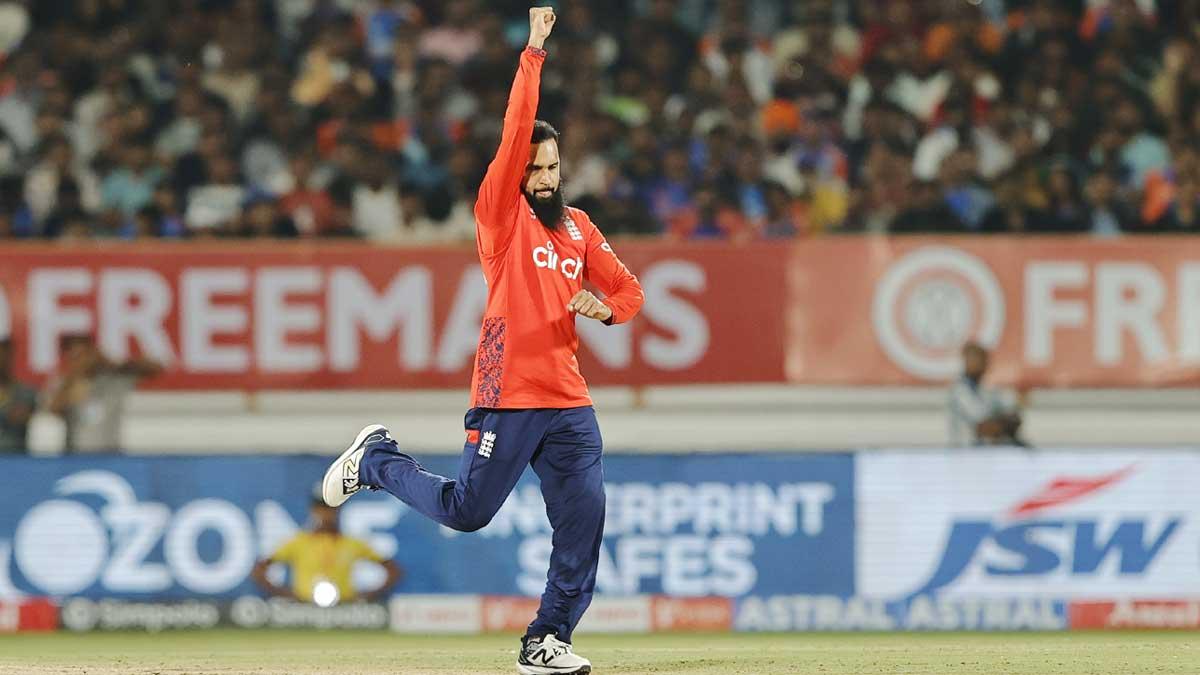 Adil Rashid celebrates the wicket of Tilak Varma.