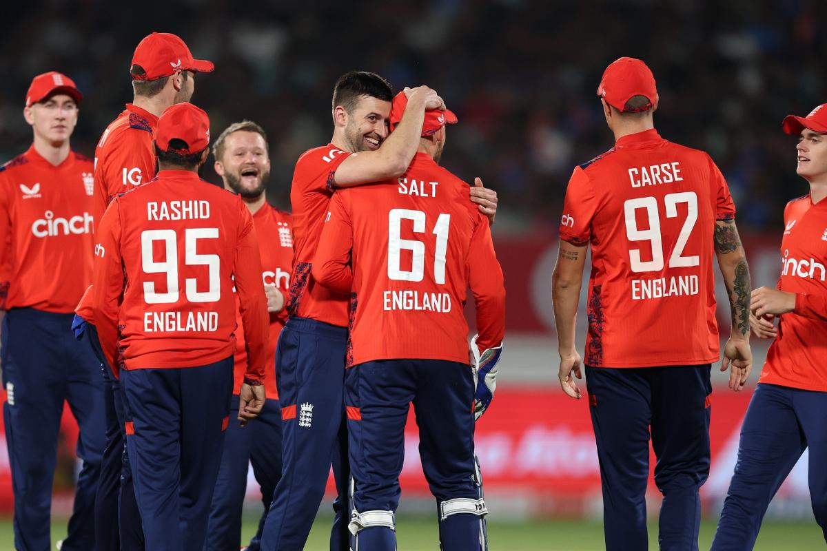 England players celebrate the wicket of Suryakumar Yadav during the 3rd T20I against India in Rajkot on Tuesday