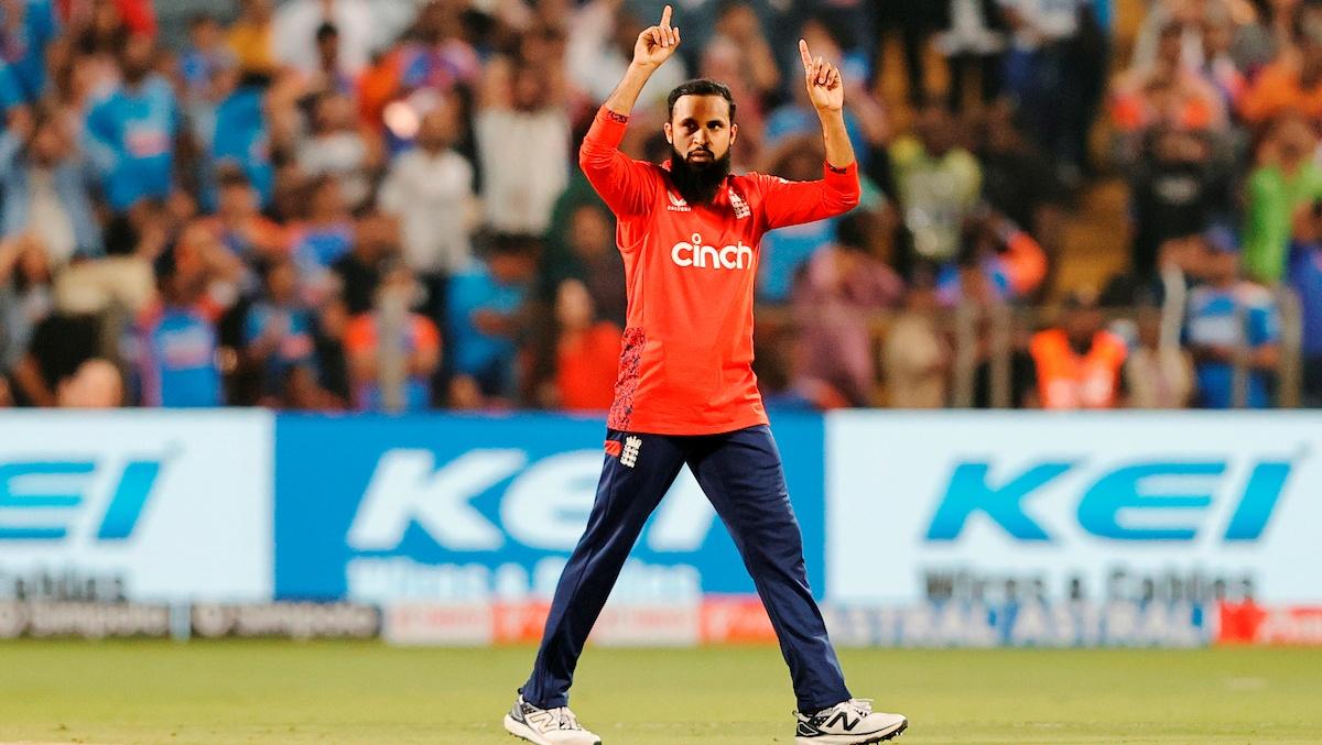 Adil Rashid celebrates dismissing Abhishek Sharma.