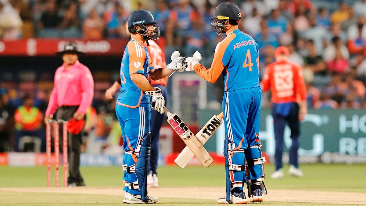 Abhishek Sharma and Rinku Singh celebrate a boundary.