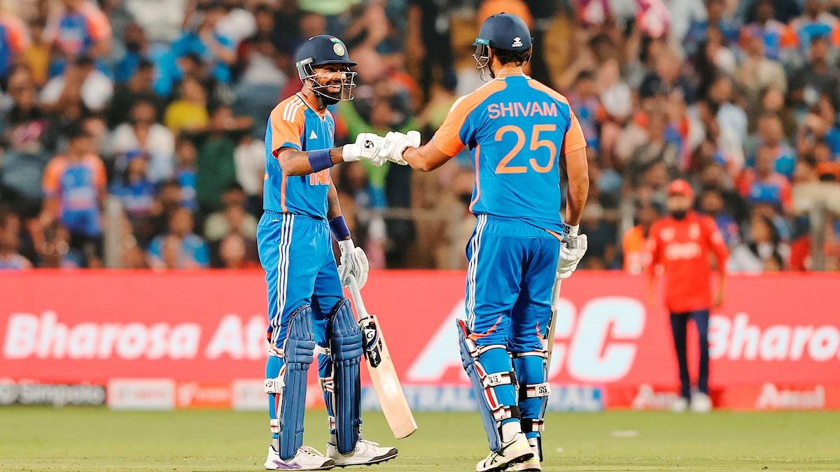 Shivam Dube and Hardik Pandya during their 87-run partnership.