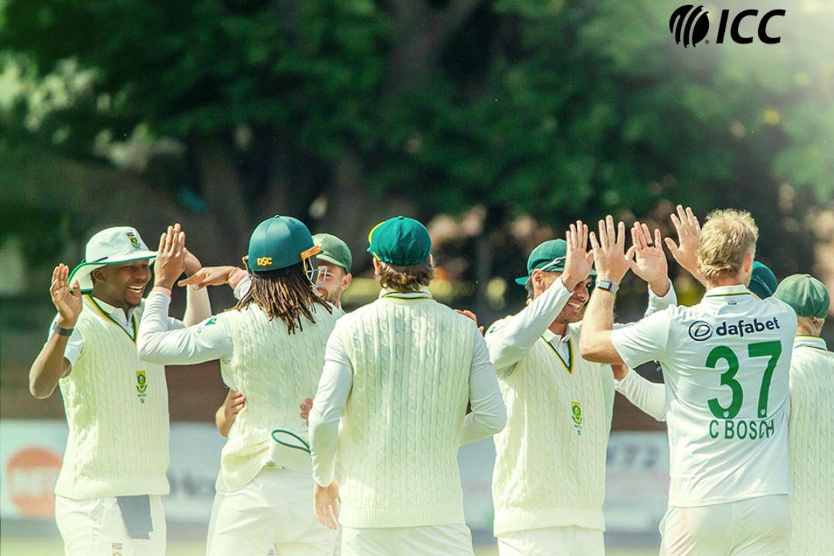 South Africa players celebrate a Zimbabwe wicket during the first Test on Tuesday