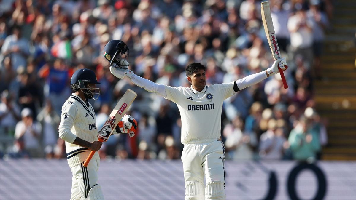 Shubman Gill celebrates scoring his seventh century on the opening day of the second Test against England at Edgbaston Cricket Ground, Birmingham, on Wednesday.