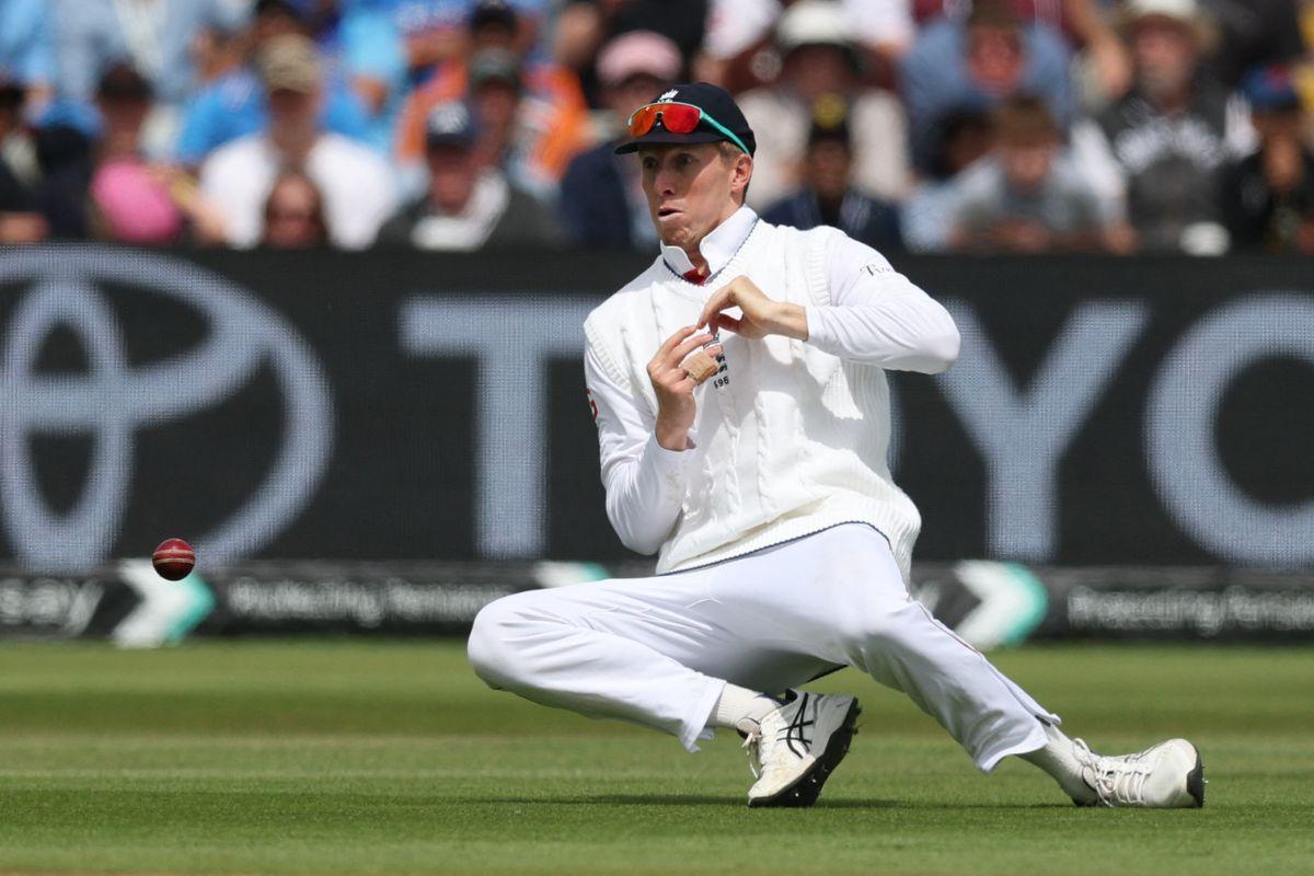 England's Zak Crawley drops the catch of India's Rishabh Pant off the bowling of Ben Stokes
