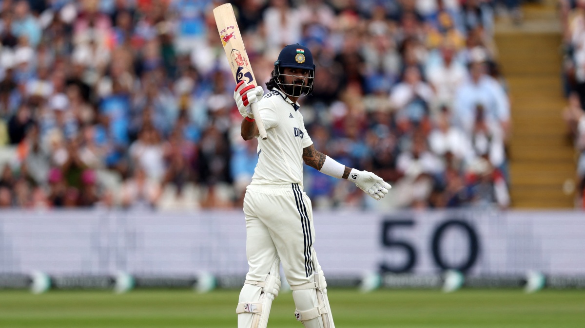 India's KL Rahul celebrates after reaching his half century 