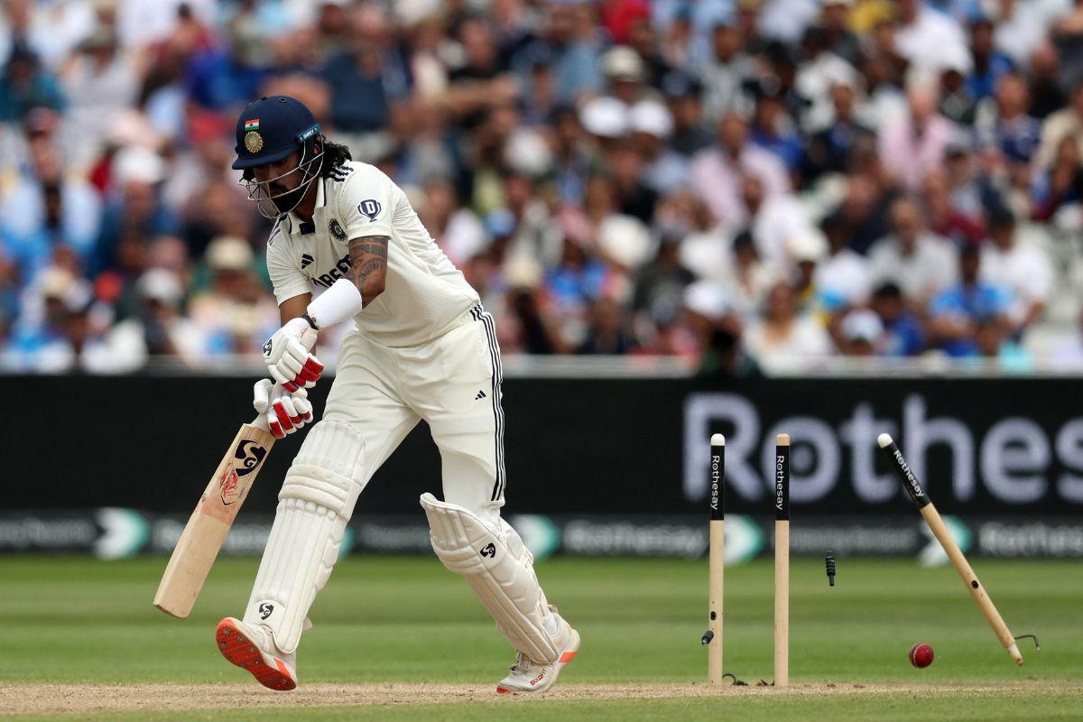 India's KL Rahul is bowled out by England's Josh Tongue 