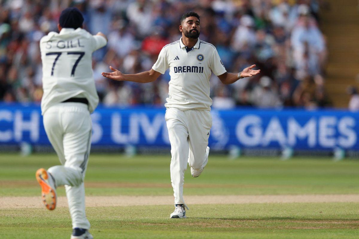 India's Mohammed Siraj celebrates after taking the wicket of England's Zak Crawley 