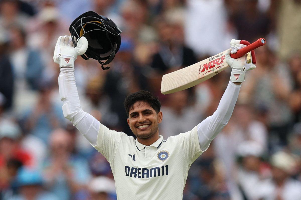 India's Shubman Gill celebrates after completing his century