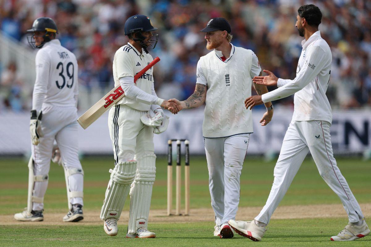 England's Ben Stokes shakes hands with India's Shubman Gill after he loses his wicket for 161 runs on Day 4 of the 2nd Test at Edgbaston in Birmingham on Saturday